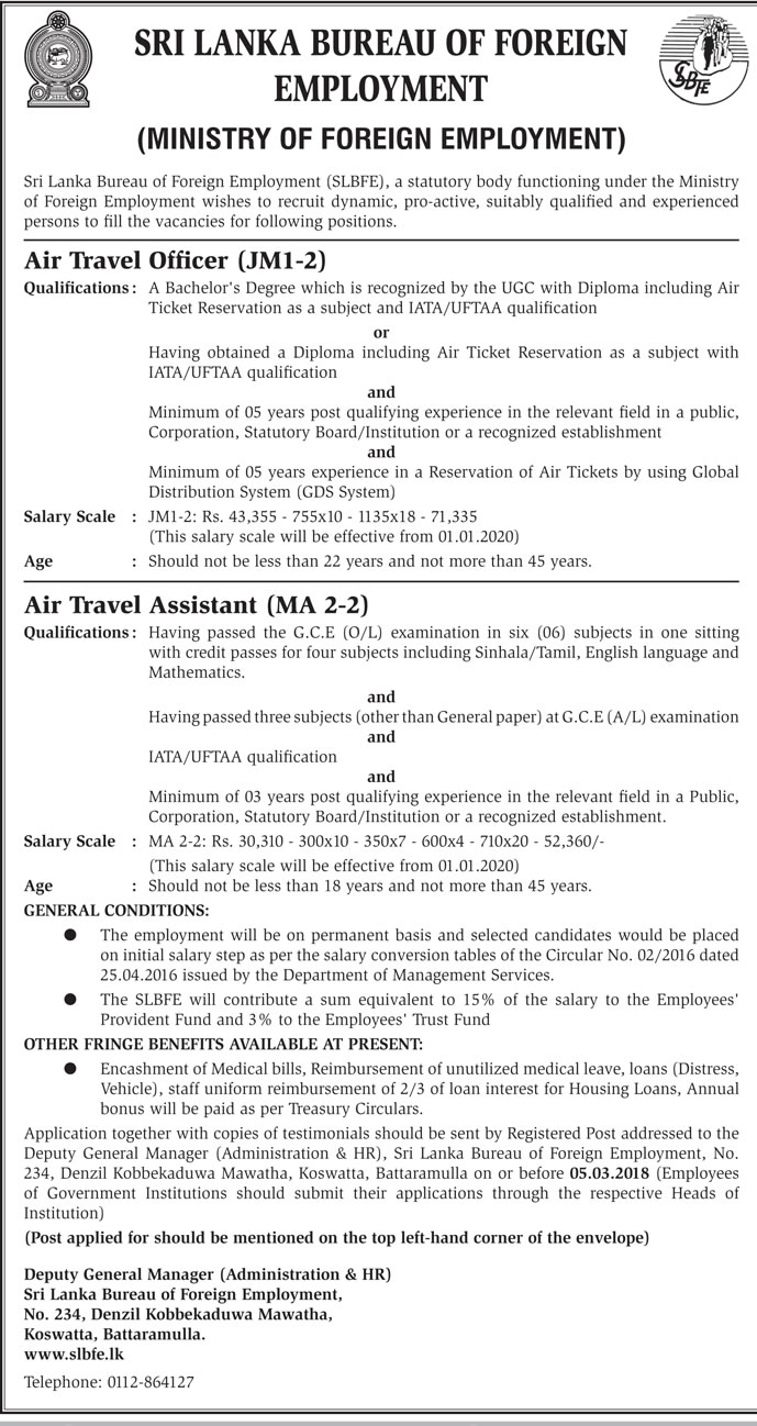 Air Travel Officer, Air Travel Assistant - Sri Lanka Bureau of Foreign Employment